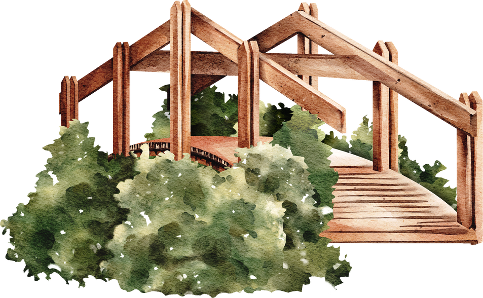 Timber bridge and green bushes watercolor